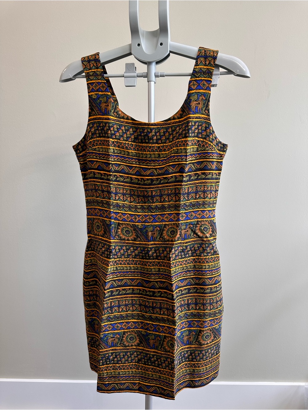 Patterned Sleeveless Mini Dress in Mustard and Navy